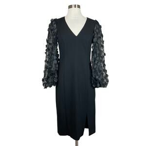 Eliza J Women's Cocktail Dress Size 6 Black Crepe Floral Long Sleeve Midi Sheath